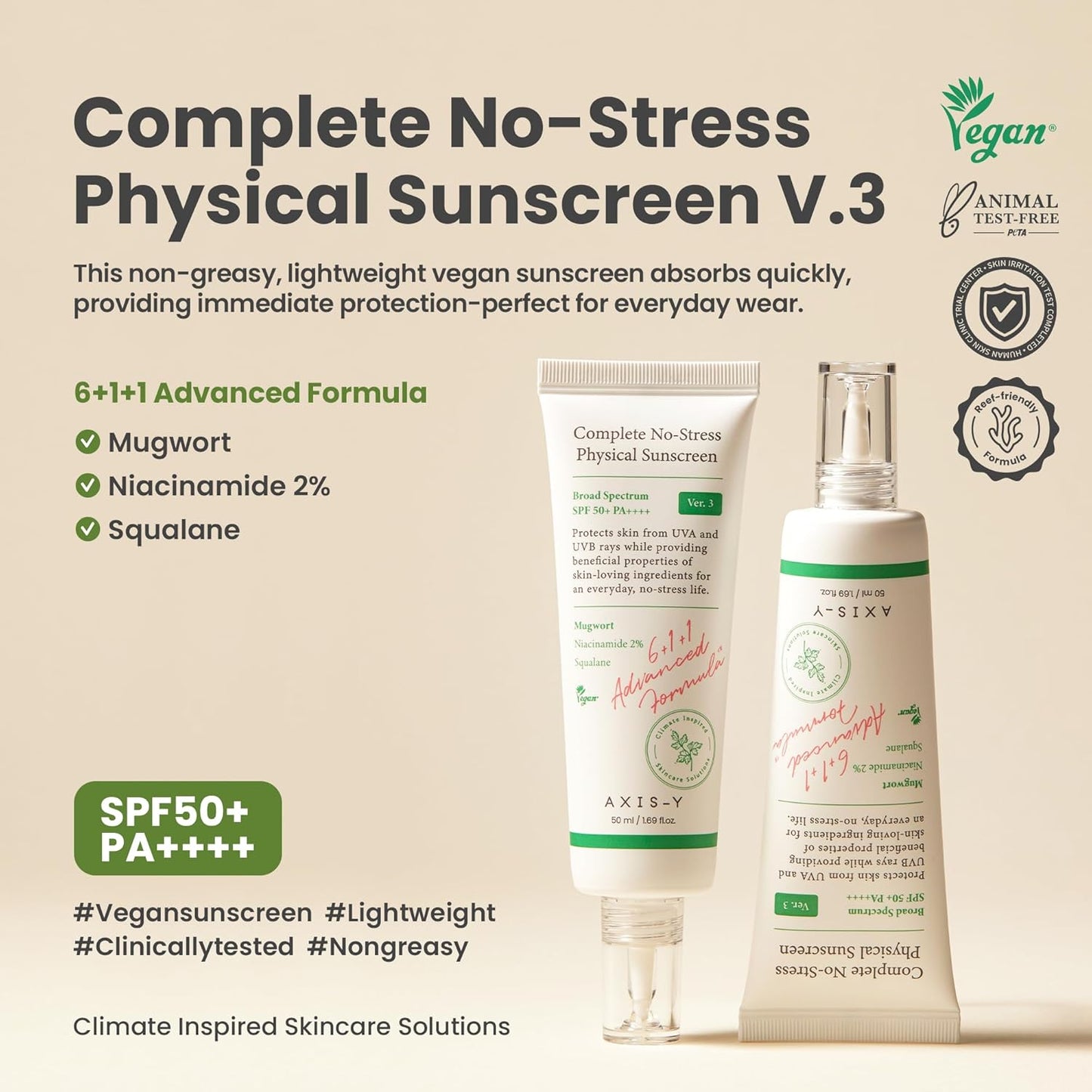 AXIS-Y Complete No-Stress Physical Sunscreen V3 SPF 50+ PA++++ | Mineral Sunscreen for Sensitive Skin (50ml)