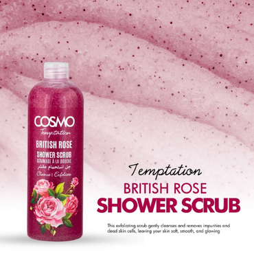 Cosmo Designs Temptation British Rose Shower Scrub 1000ml | Exfoliating & Refreshing Body Scrub