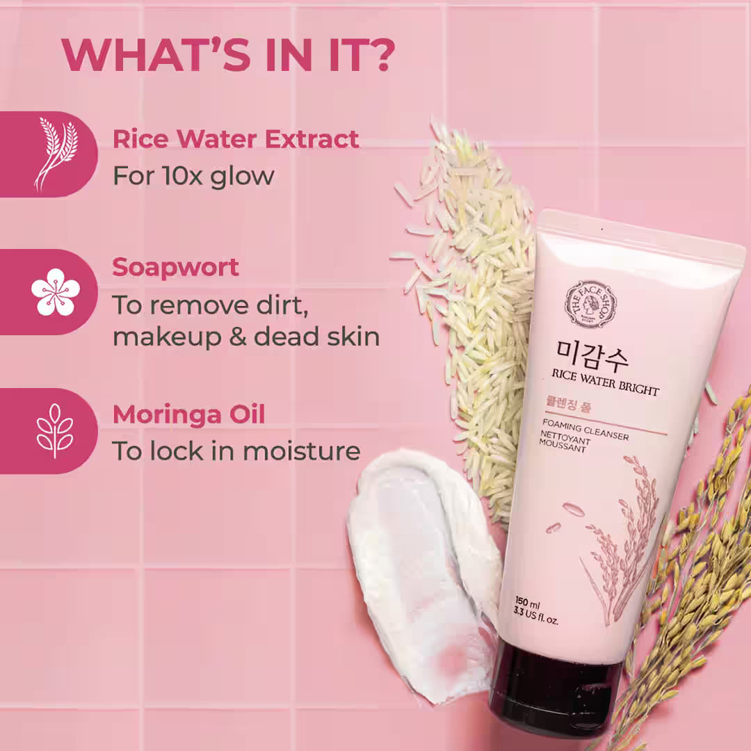 The Face Shop Rice Water Bright Foaming Cleanser- Best Korean Face Wash for Glowing Skin (150 ml)