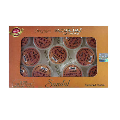 Myzia Sandal Perfumed Body Cream – 10g Each, Pack of 12 | Warm Sandalwood Scent
