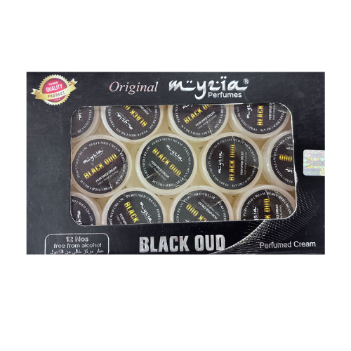 Myzia Black Oudh Perfumed Body Cream – 10g Each, Pack of 12 | Rich, Exotic Oudh Fragrance & Deep Hydration