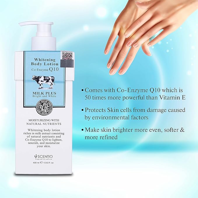 Scentio Milk Plus Organic Whitening Body Lotion with Co-Enzyme Q10 & Milk Protein – 400ml (Made in Thailand)