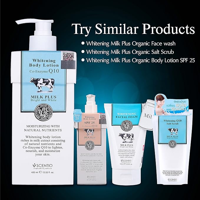 Scentio Milk Plus Organic Whitening Body Lotion with Co-Enzyme Q10 & Milk Protein – 400ml (Made in Thailand)