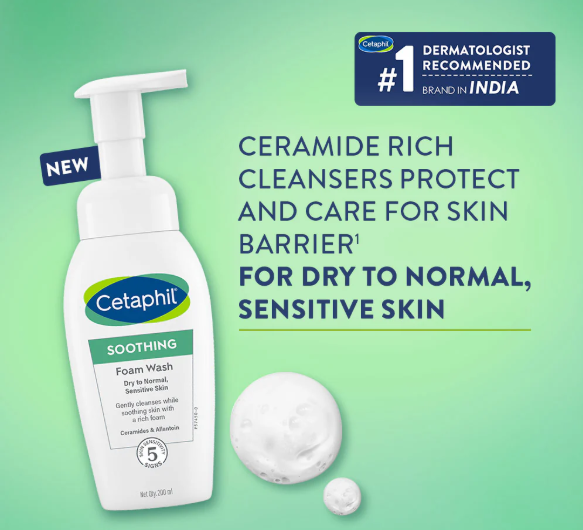 Cetaphil Soothing Foam Wash – 200ml | Gentle Foaming Cleanser with Ceramides for Dry, Sensitive Skin