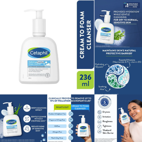 Cetaphil Hydrating Foaming Cream Cleanser – 236ml (For Dry to Normal, Sensitive Skin)