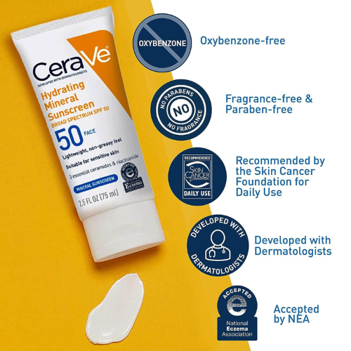 Cerave Hydrating Mineral Sunscreen SPF 50 Face Lotion – High Protection, Lightweight Hydration