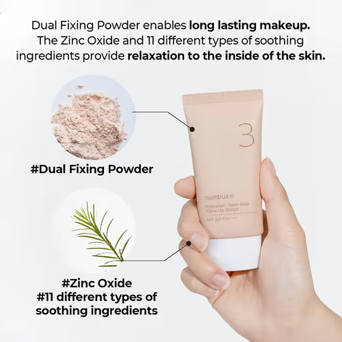 Numbuzin No.3 Porcelain Base-Skip Tone Up Beige SPF50+ (50ml) | Brightening Daily Sunscreen & Primer