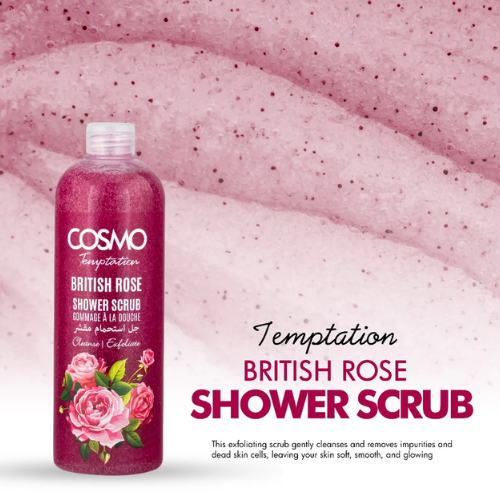 Cosmo Designs Temptation British Rose Shower Scrub 1000ml | Exfoliating & Refreshing Body Scrub