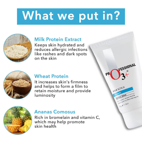 O3+ Milk Scrub Enriched with Macadamia Nuts Extracts for Clean & Bright Complexion (50g)